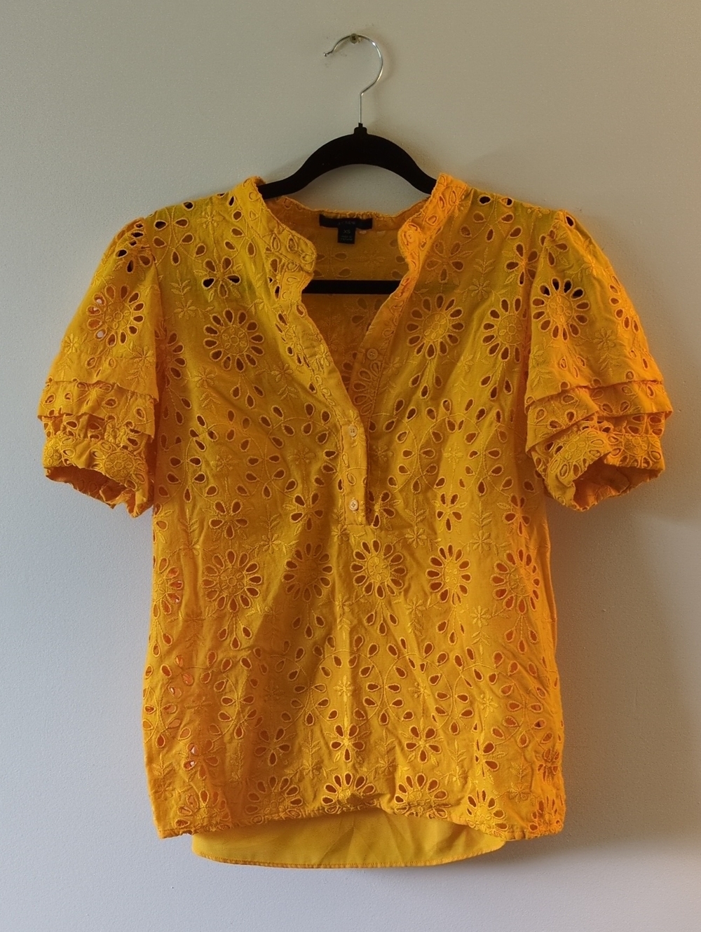 J. Crew Yellow Eyelet Short Puff Sleeve Blouse
